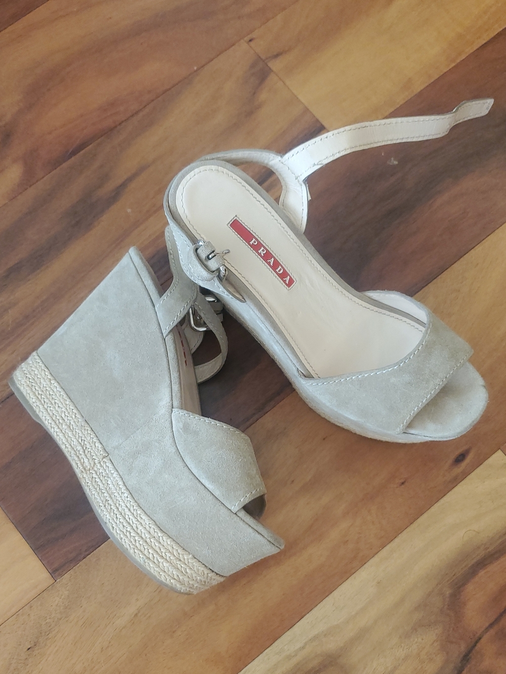 Prada Light Beige Suede Espadrille Wedge Sandals